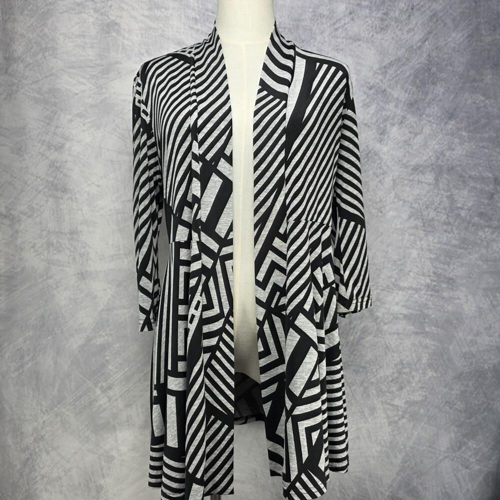 Joseph Ribkoff Cardigan Womens 10 Black Gray Geometric Kimono Open Front Stretch